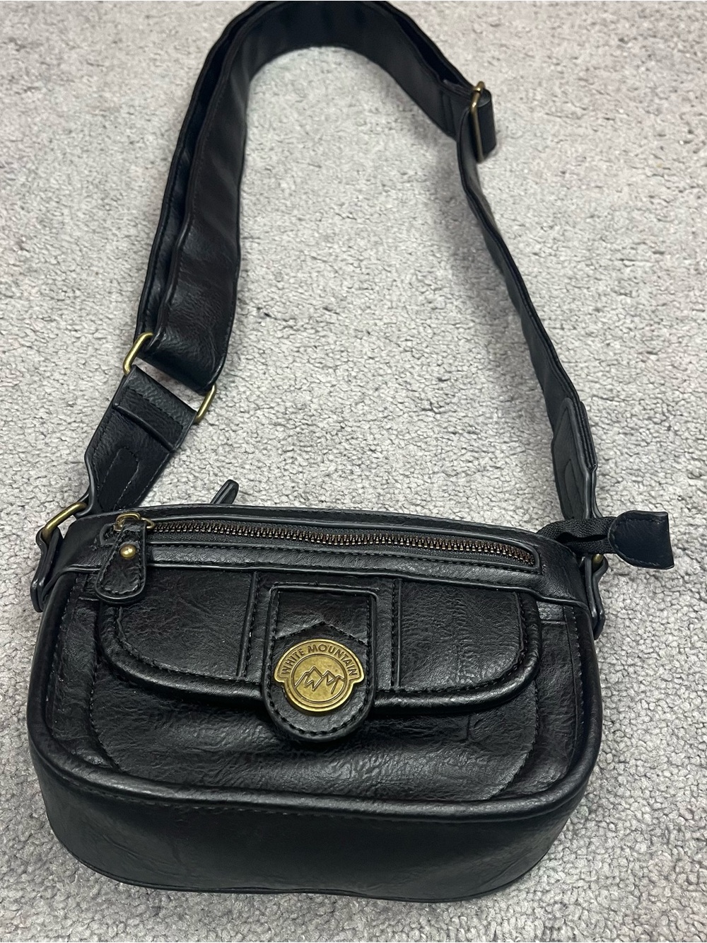 White Mountain Black Faux Leather Crossbody with Brass Logo Medallion
